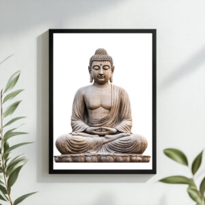 A meditating Buddha sculpture on a white background framed in black, symbolizing peace and tranquility, hanging on a light-colored wall.