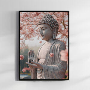 A Buddha statue surrounded by cherry blossoms, framed in black, symbolizing peace and mindfulness, against a soft pink and grey background.