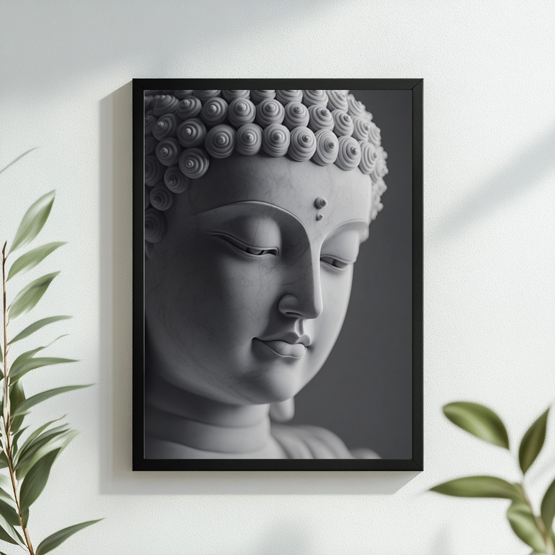 Framed Buddha poster with a serene statue and calming background.