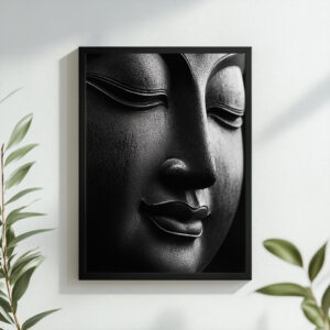 A close-up, black-and-grey monochrome Buddha face in a black frame, radiating tranquility and calmness, mounted on a white wall.