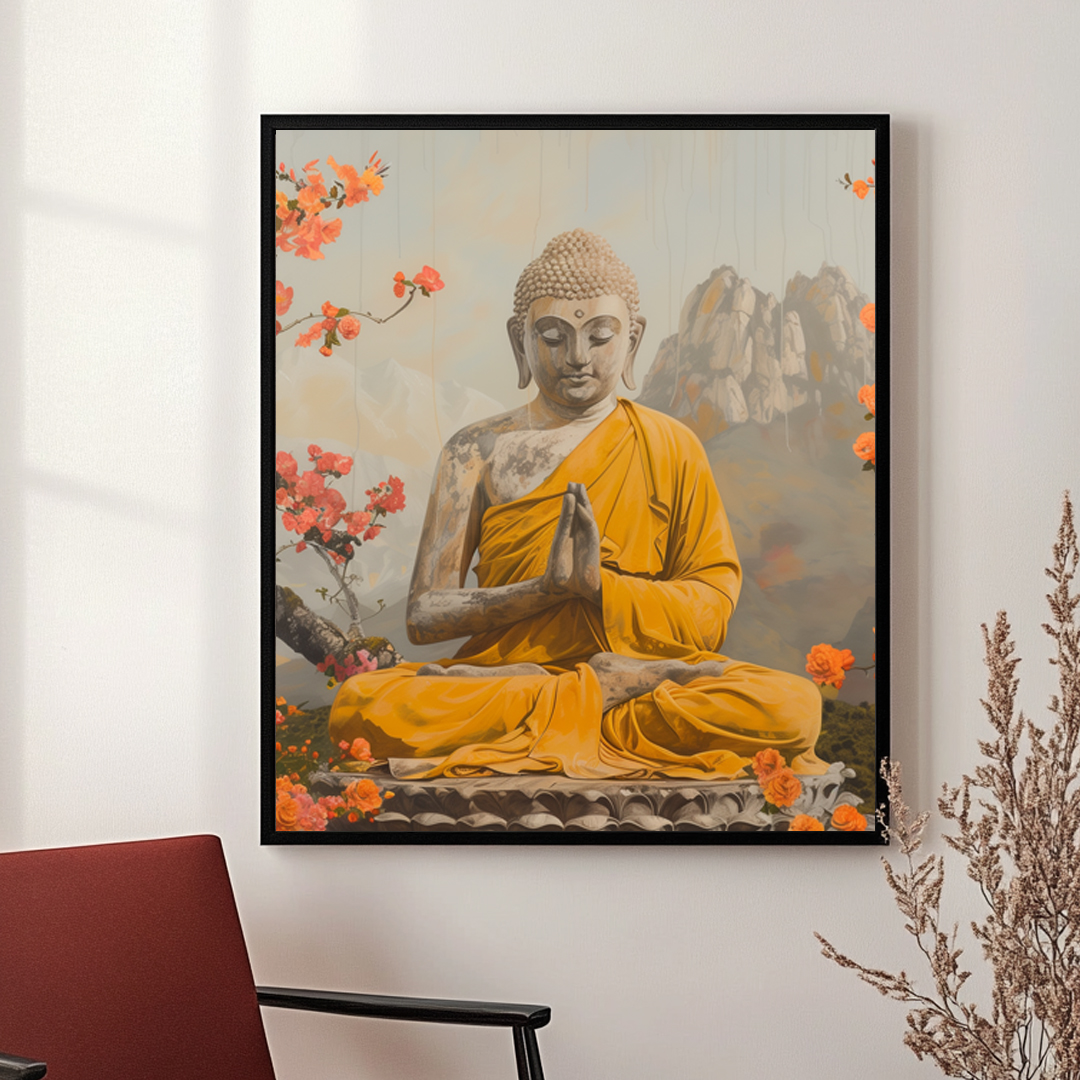 Buddha seated in meditation wearing an orange robe, surrounded by orange blossoms, framed in black, symbolizing peace and enlightenment.