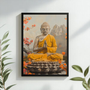 Buddha seated in meditation wearing an orange robe, surrounded by orange blossoms, framed in black, symbolizing peace and enlightenment.