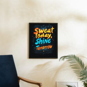 Inspirational wall art with the quote "Sweat Today, Shine Tomorrow" in bold, colorful typography on a black background, framed in a sleek black frame and displayed on a white shelf.