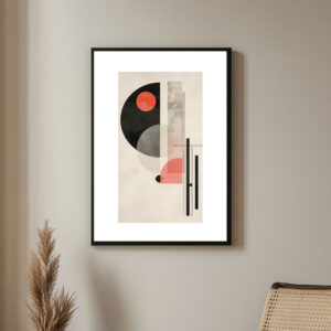 Framed abstract art print with circles and lines in black, gray, and coral on a beige background.