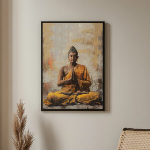 Framed artwork of a Buddha in a golden robe, seated in meditation with orange blossoms and a mountain background, symbolizing peace and enlightenment.