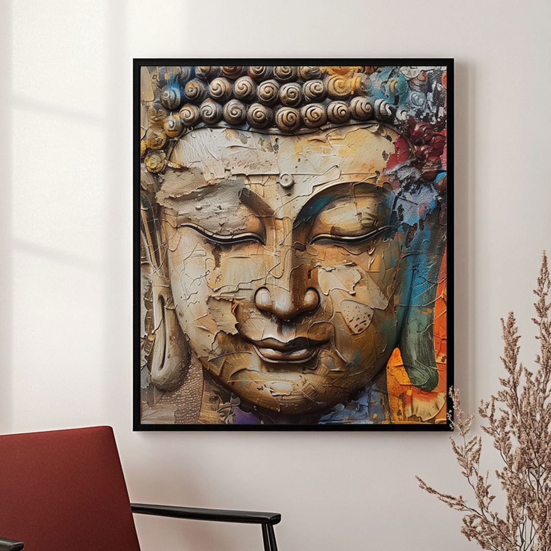 Framed abstract Buddha artwork with bright yellow, red, and blue hues, symbolizing meditation and inner peace in a modern style.