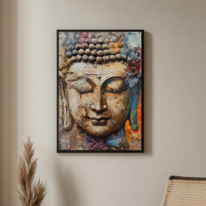 Framed abstract Buddha artwork with bright yellow, red, and blue hues, symbolizing meditation and inner peace in a modern style.