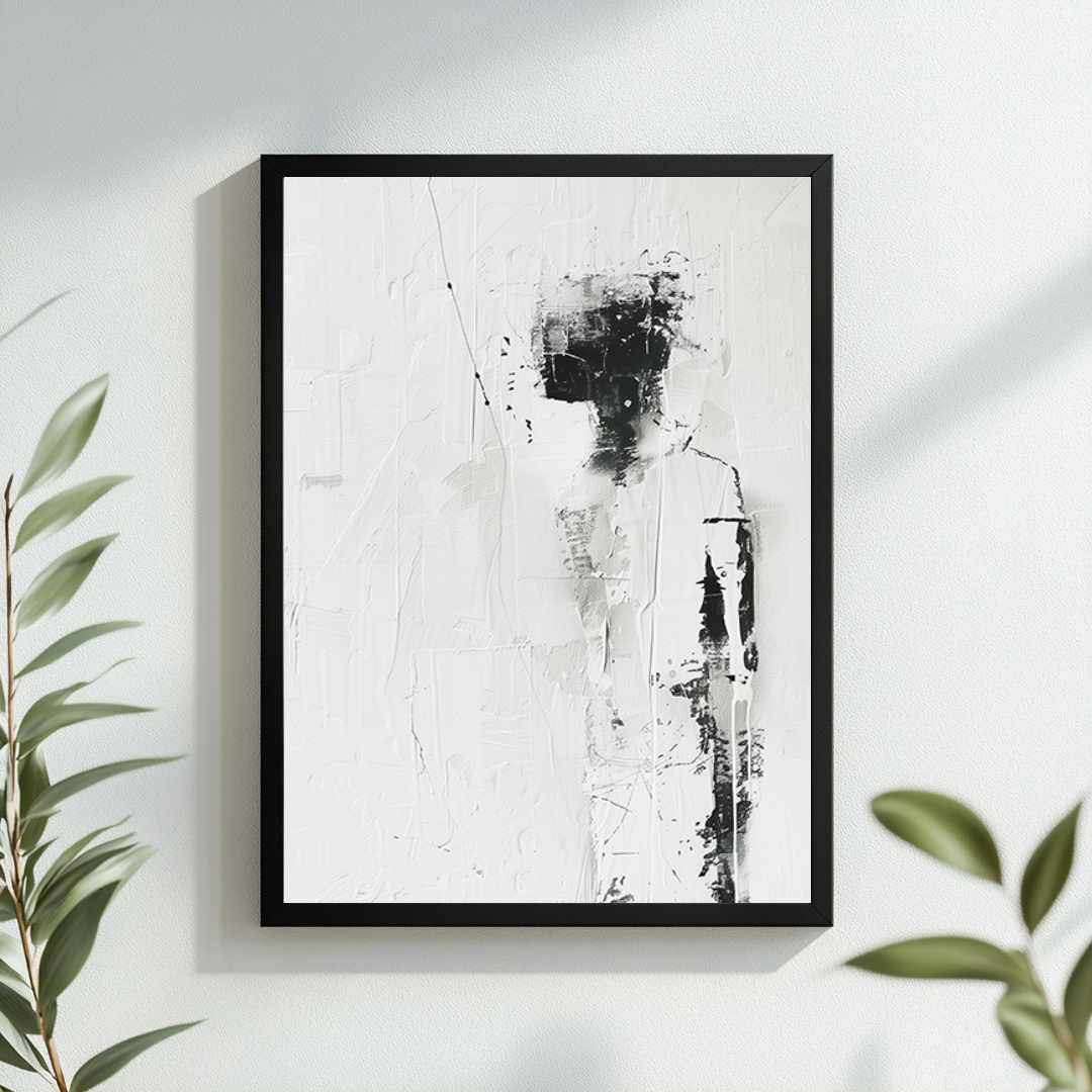 Framed abstract black and white art print featuring textured brushstrokes. The design shows a blurred, undefined human figure in black, set against a white background. The frame is sleek and black, complementing the modern and minimalist style.