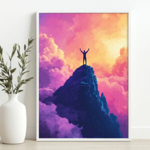 Framed wall art featuring a silhouette of a person on a mountain summit with a vibrant sky in shades of purple, pink, and orange, displayed on a wooden shelf.