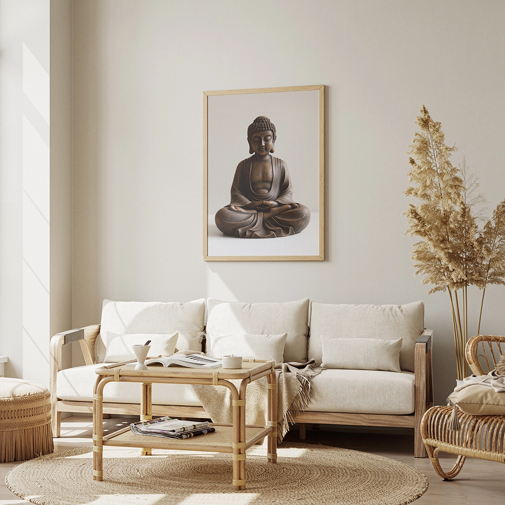 Framed minimalist art of a bronze Buddha statue in meditation, displayed in a beige wood frame, perfect for calm and natural-themed interiors.