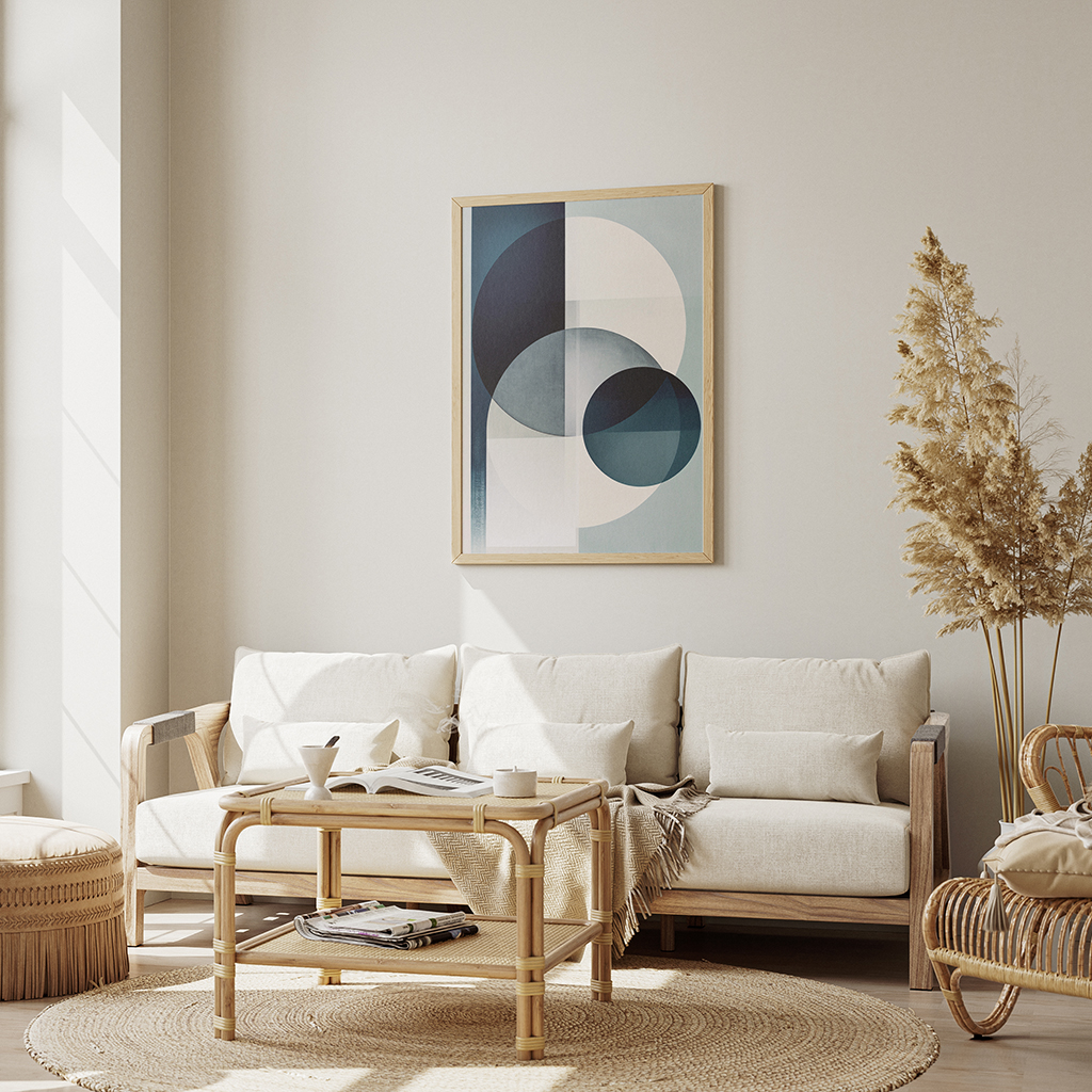 A modern geometric abstract art piece with blue and white tones, framed in beige wood, perfect for boho and minimalist spaces.