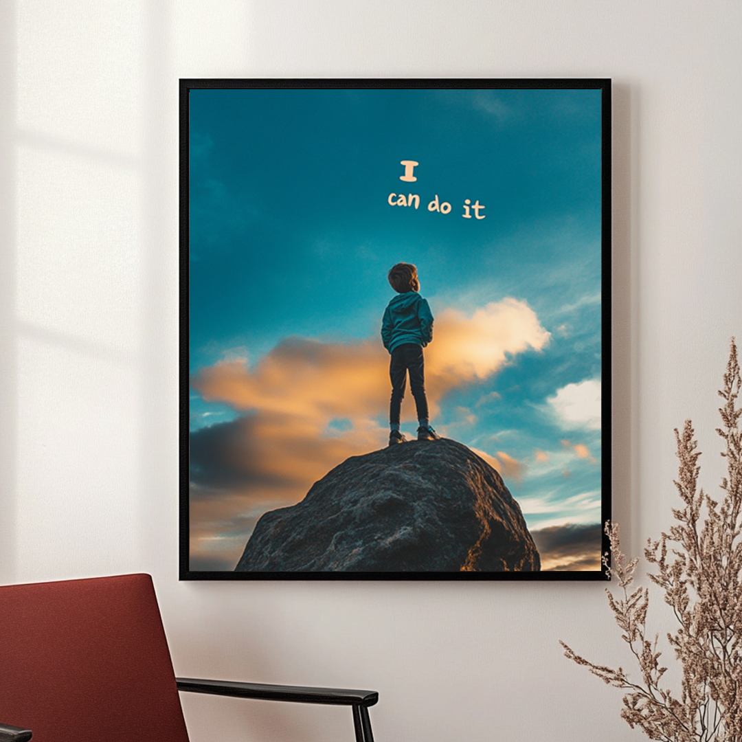 : Framed motivational art print featuring a young person standing on a rock with a vibrant sky in the background. The text "I can do it" is displayed in bold letters above the figure.