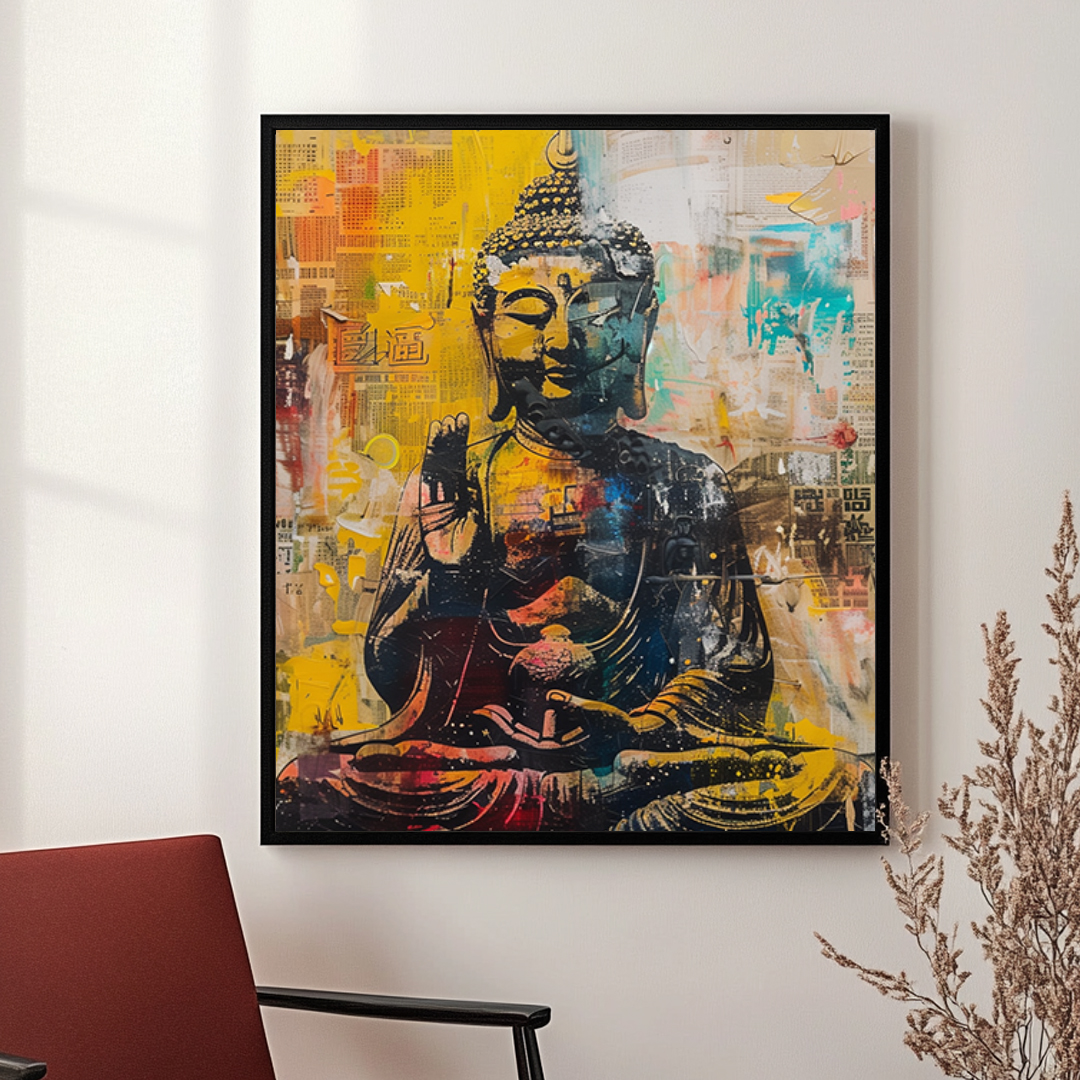 Framed abstract Buddha artwork with bright yellow, red, and blue hues, symbolizing meditation and inner peace in a modern style.