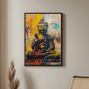 Framed abstract Buddha artwork with bright yellow, red, and blue hues, symbolizing meditation and inner peace in a modern style.