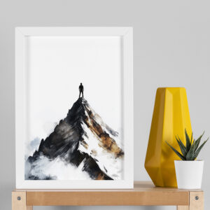 Embody the spirit of adventure with this minimalist mountain print. Showcasing a solitary figure atop a rugged peak, this framed artwork brings inspiration and a sense of triumph to any space. Ideal for modern and Scandinavian interiors.