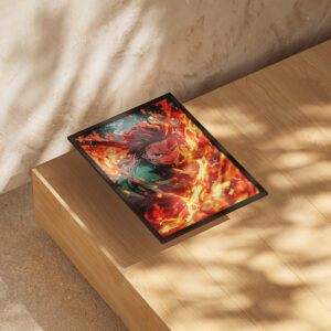 Framed poster featuring Tanjiro from Demon Slayer surrounded by flames, with an intense and determined expression, displayed on a wooden surface next to potted succulents.