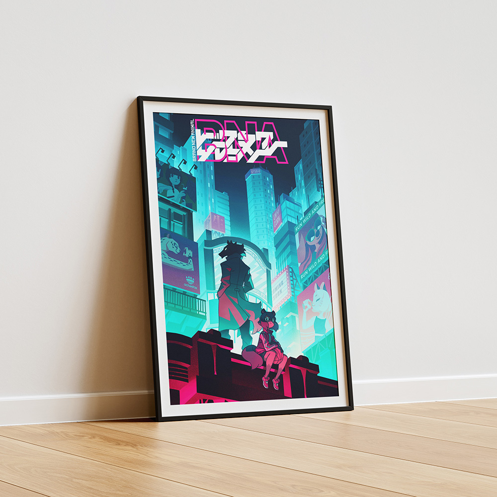 Framed poster depicting a cyberpunk-style anime scene with two characters in a neon-lit futuristic city, standing against a backdrop of skyscrapers and digital billboards, placed on a wooden floor against a light wall.