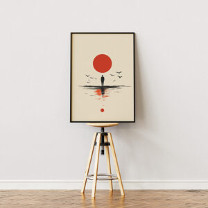 Framed minimalist poster of a lone figure standing by the water with a large red sun above, birds flying around, and reflections in the water, displayed on a wooden stool against a neutral wall.