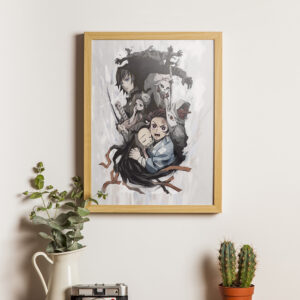 Framed poster featuring Demon Slayer characters, including Tanjiro and Nezuko in an emotional embrace, with other characters in the background, displayed against a light wall with green plants and a cactus nearby.